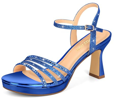 PIZZ ANNU Lena - Sandalias de tacón alto para mujer, con diamantes de imitación brillantes, puntera abierta, correa al tobillo, para fiesta, boda, color blanco, azul, marino, 38 EU