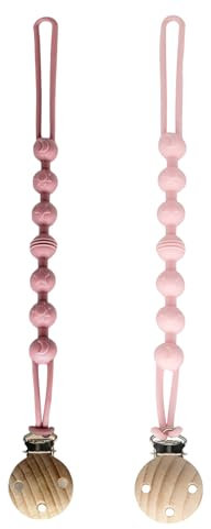 Schnullerkette aus Silikon, 2er-Pack Happy-Crazy-Baby Schnullerband mit Holzclip, Einteiliges Design, Weich, Flexibel, Stabil und Robust, Schnullerkette Jungen und Mädchen, Pink Rosa (Pink Rosa)