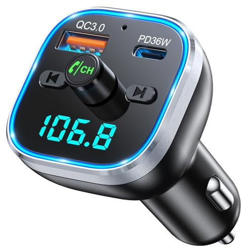 Mohard Bluetooth Adapter Auto, 54W [PD & QC 3.0] Schnellladung FM Transmitter Auto Bluetooth 5.3, Freisprechanlage, 7 Farbige LED-Atmosphärenlichter, Bloototh Transmitter Autoladegerät Bedienelemente