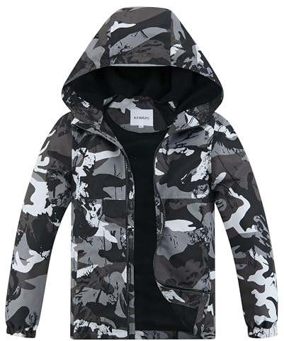 KFRRZC Boys Girls Waterproof Hooded Jackets Fleece Lined Rain Jackets(Black White,5-6)