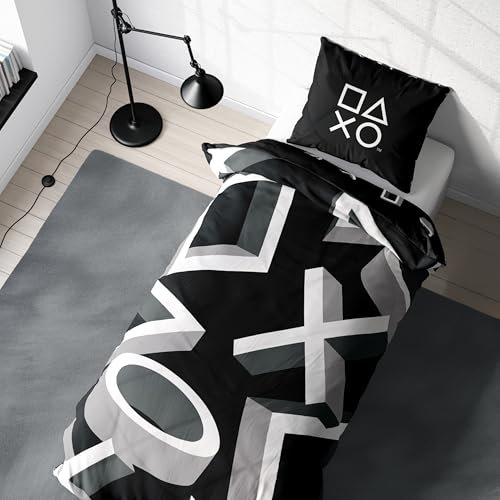 Bettwäsche Playstation 135x200 - Teenager Gaming Geschenkidee , 1x Kissenbezug 80x80 + Bettbezug 135x200, mit Reißverschluss - Wende-Motiv - Playstation Icons Fanartikel Teenager Geschenk