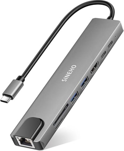 SINEHO 8-in-1 USB C Hub Multiport Adapter mit 4K@30Hz HDMI, 100W PD, USB 3.0, USB 2.0, USB-C-Datenanschluss, Ethernet-Port und SD/TF-Kartenleser – Kompatibel mit MacBook, Dell XPS und mehr