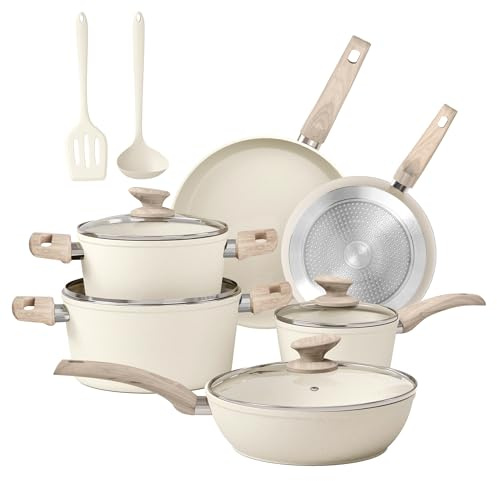 Kitchen Academy 12 Pieces Nonstick Pots and Pans Set, Cookware Set Beige
