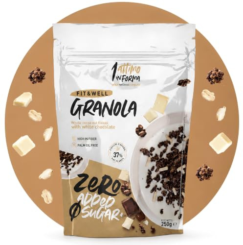1 Attimo in Forma | Granola Proteica con Fiocchi di Avena e Cacao - Senza Zuccheri Aggiunti, Ricca di Fibre e Croccante - Granola con Cioccolato Bianco per una Colazione Nutriente - 250g