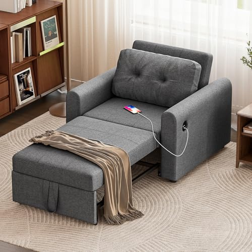 Jooli H Single Sofa Bed, 3-in-1 Convertible Fabric Pull Out Sleeper Sofa Chair with 3-Position Adjustable Backrest, Side Pockets and USB for Living Room, Guest Room, Dark Grey