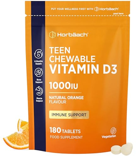 Vitamin D3 1000IU Tablets for Teens | 180 Vegetarian Chewable Tablets | High Strength Supplement for Teenagers Aged 13+ | Orange Flavoured | No Artificial Preservatives | by Horbaach