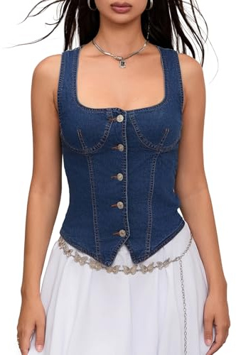 Women Denim Tank Tops Solid Color Square Neck Buttons Jean Vests Summer Sleeveless Corest Tops Y2K Streetwear (Blue, M)