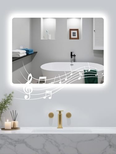 Habison Badspiegel mit Beleuchtung,60x80cm LED Badezimmerspiegel Mit Licht und Bluetooth, Entfoggen, 3 Farbtemperaturen, Dimmbar, Speicherfunktion, IP44 Bathroom Mirror Bluetooth