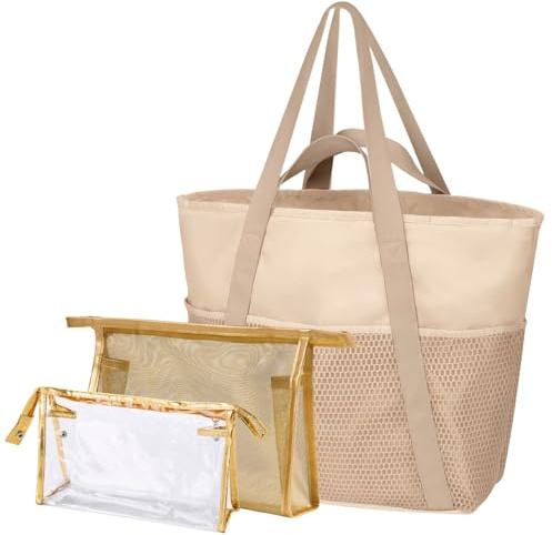 DEARBAG Borsa Mare in Rete Donna, Borsa da Spiaggia da XXL Famiglia con Chiusura Zip, Borsa Tote in Rete Pieghevole, Shopping Bag per Spiaggia Viaggi Shopping Picnic e Vita Quotidiana (Beige)
