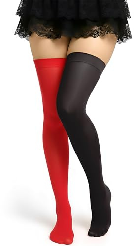 Syhood Mardi Gras Thigh High Stockings, Red Black Sheer Nylon Cosplay