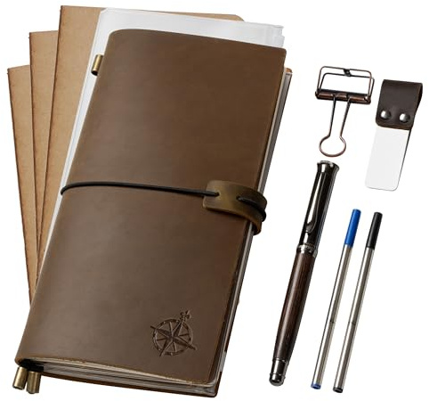 WANDERINGS Regular Size Travelers Notebook/Handcrafted Genuine Leather Journal - 4.5x8.5 / 11.5cm x 22cm - Includes a Pen Holder with a Pen and 2 extra Ink Refills, a PVC Folder, and a Binder Clip