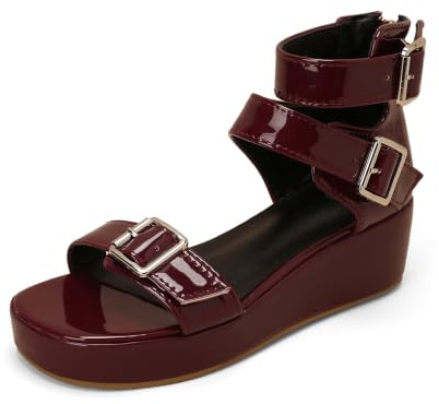 TNMIUH Sandales Plateforme en Cuir Verni Bout Ouvert pour Femmes Mules 5cm | Sandales cuir verni bout ouvert avec plateforme de 5cm. Brides chic de cheville parfaites pour plage, fete et ete.