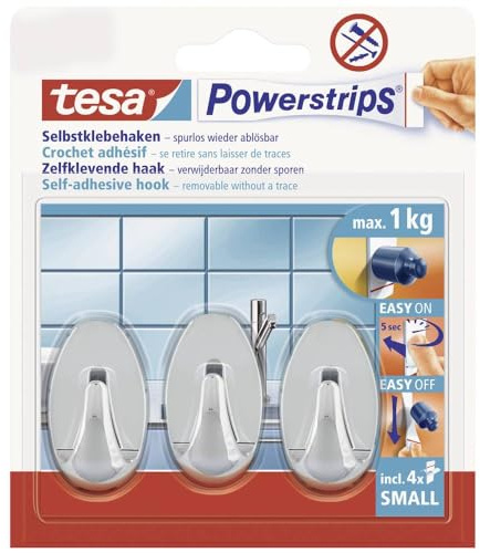 tesa Powerstrips Haken Small OVAL - Selbstklebender Wandhaken für Glas, Kacheln, Holz, Kunststoff und andere Untergründe - Chrom