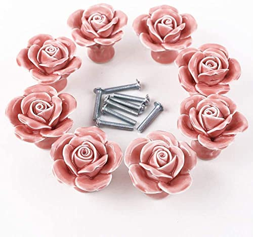Auped Set 8 Pezzi Pomoli per Cucina in Ceramica Rosa Lucido - Maniglie Armadio Antiche con Design Fiore, Cassetti Decorativi per Mobili da Cucina/Bagno (Rosa)