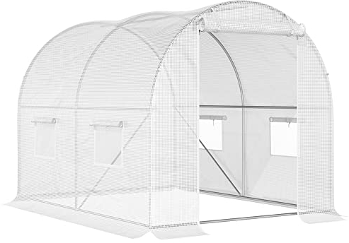 Outsunny Serre de Jardin Tunnel 6 m² 3L x 2l x 1,9H m Acier galvanisé renforcé diamètre 2,4 cm + PE Haute densité fenêtres Porte Blanc