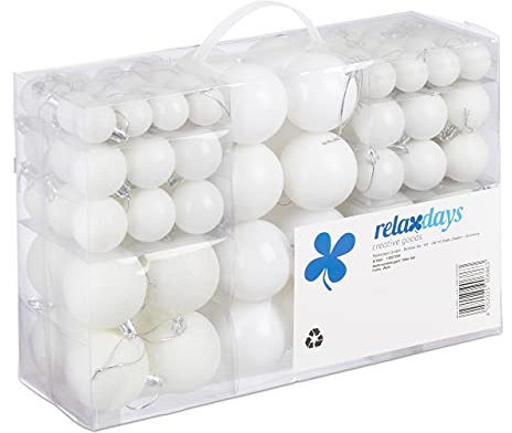 Relaxdays Weihnachtskugeln, 100er Set, Weihnachtsdeko, matt, glänzend, glitzernd, Christbaumkugel ∅ 3, 4 & 6 cm, weiß