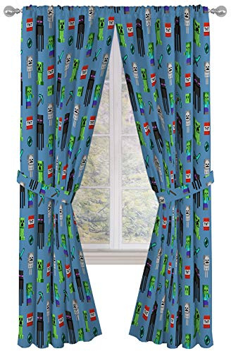 Jay Franco Kids Window Drapes - 4 Piece Curtain Set Includes 2 Tiebacks, Beautiful Bedding Room Décor and Easy Set Up, Blue - Minecraft, 84 Inch