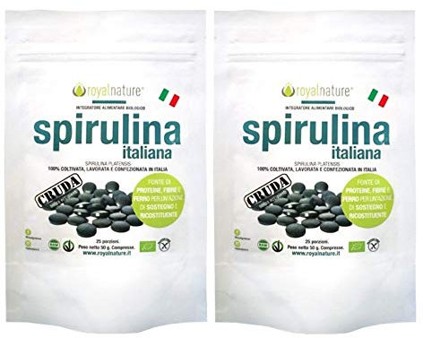Confezione risparmio 2 x Spirulina Italiana Royal Nature® - Formato 100 Compresse - Biologica e Cruda 100% Filiera Italiana, Coltivata Alla Luce Diretta del Sole.