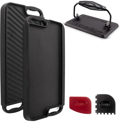 Cuisinel Cast Iron Griddle/Grill + Burger Press + Pan Scrapers - Reversible Pre-Seasoned 20 X 10 Dual Handle Flat Skillet + Griller Pan + Cleaning Accessories - Use Indoor/Outdoor Stove Burner, Gas