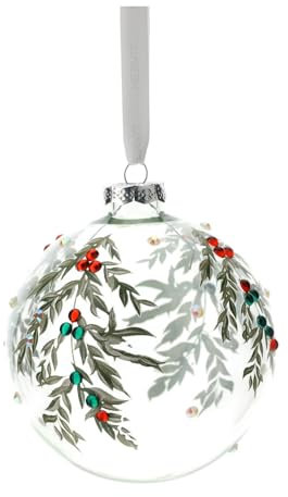 Hervit Sfera Vetro Soffiato Trasparente con Foglioline Verdi e Strass Rosso/Verde - Scatola Regalo - 2 Fantasie 2 Dimensioni - Palla Addobbo Albero Natale - Decorazione Natalizia Bomboniera - Ø8cm