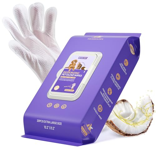 HICC PET Cleaning Deodorizing Glove Wipes for Dogs & Cats, Vet Recommended Hypoallergenic Hydrating & Nourish Fur Pet Grooming Glove Wipes, Pet Bathing Wipes for Horse Coat Care,20pcs Coconut Scent