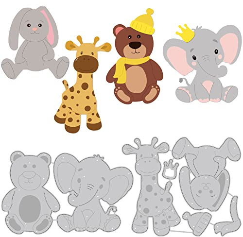 BENECREAT 2 stycken 4 stilar mjuka leksaker stansformar, björn, elefant, kanin, hjort, präglingsmall för kort, scrapbooking och gör-det-själv-pysselalbum, papperskortdekor, 0,8 mm tjock