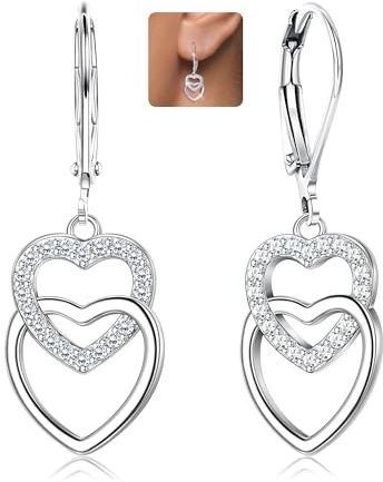 LOLIAS 925 Sterling Silber Herz Ohrhänger Ohrringe für Damen Mädchen Silber Creolen Mehrfarbige Zirkonia Baumeln Ohrringe Hypoallergene Doppelherz Huggie Creolen Ohrringe