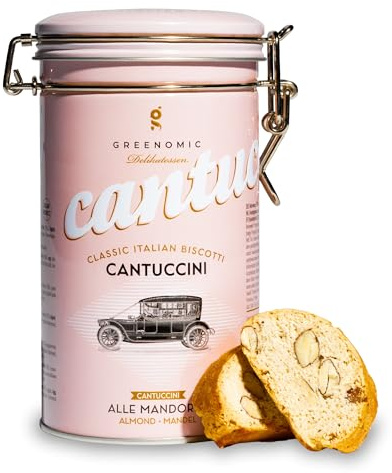 Greenomic - Cantuccini italiens avec des amandes - 180g - emballés dans une boîte cadeau décorative - biscuits italiens originaux pour accompagner le café ou le thé