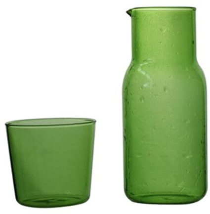 Bedside Water Carafe and Glass Set 500ml Clear Green Glass Bedside Water Decanter with Tumbler Glass Spout Decanter with Cup for Office Bedside Table Jugs