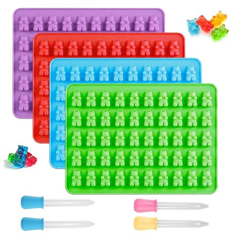 Gummibjörnsform, 4 stycken silikongummibjörnar godis silikonformer, med 4 pipetter för gummibjörnar, gelé, choklad, halloween julsötsaker (röd, blå, grön, lila)