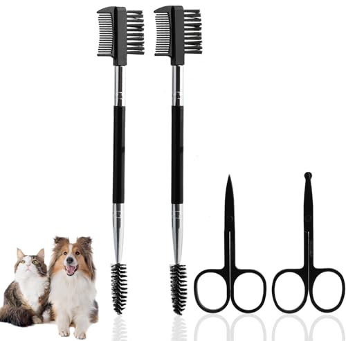 RAFIYU 4 Stück Tränenfleck Entfernung Kamm und Hunde Haarschere Pfotenschere, Doppelseitige Auge Pflegekamm für Entfernen von Krusten und Schleim, Katze Fellpflege & Krallenpflege