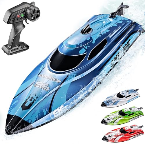 BEZGAR RC Boats - Remote Control Boat for Kids and Adults, 2.4GHz LED Light Boats with 700mAh Rechargeable Battery, Fast Racing RC Boat for Lakes & Pools, Toy for Birthday - TX126 Blue