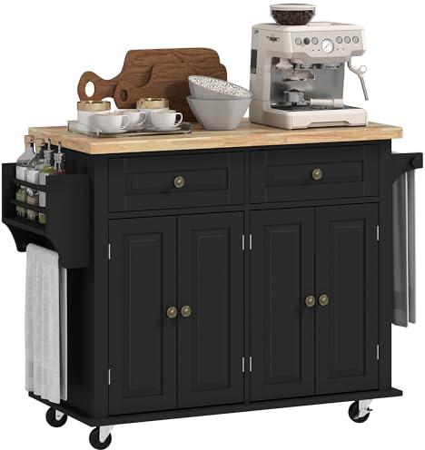 HOMCOM Kitchen Island on Wheels, Rolling Kitchen Storage Trolley with Rubber Wood Top, Drawers, Adjustable Shelves, Towel and Spice Rack for Dining Room, Black