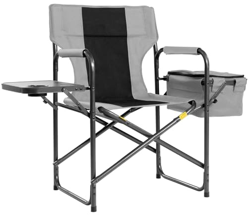 Foristrail Director Camping Chair with Cooler Bag & Foldable Side Tray - 400lbs Heavy Duty Outdoor Folding Lawn Chair, Portable Camp Chair for Fishing/Backyard (Black & Gray)