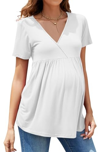 Hohololo T-shirt à manches courtes pour la maternité avec col en V - Hauts de grossesse pour femmes enceintes, Blanc1, XL