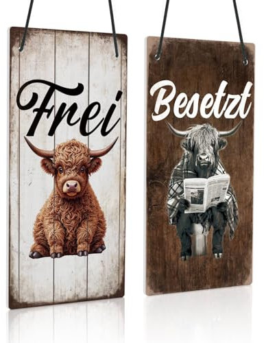 Putuo Decor PVC Türschild Frei/Besetzt – Lustiges doppelseitiges Motiv mit Hochlandrind für Gäste-WC oder Bauernhaus