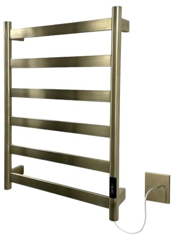 Manissa FALA Brushed Brass Electric Heated Towel Rail 500mm W x 700mm H | Flat Panel, Stainless Steel, Towel Warmer, Bathroom, 2/4hr Timer, Towel Radiator, Energy Efficient, Wall Mounted