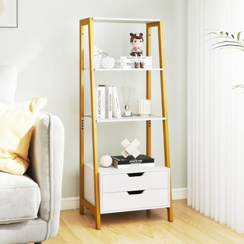 GIANTEX Steghylla, 134 cm förvaringshylla med 4 öppna hyllor och 2 lådor, modern hylla med metallram, hylla för vardagsrum, kök, matsal (vit)