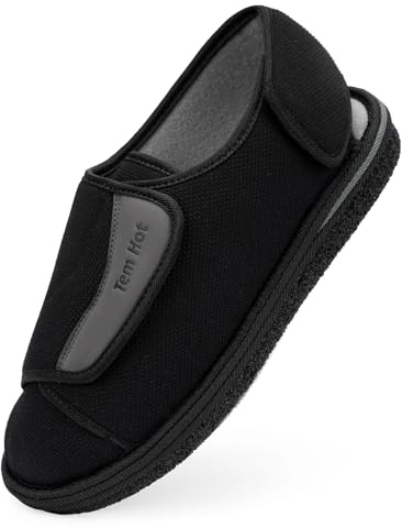 TemHot Diabetic Shoes for Men Women, Extra Wide Slippers for Swollen Feet, Wide Toe Box Adjustable Walking Shoes for Elderly, Comfort Home Hospital Slip on Slippers for Indoor Outdoor,Black M11/W12
