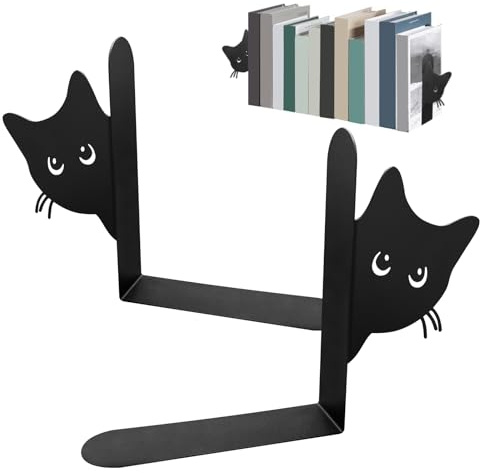 Serre-Livres en Métal, Lot de 2 Serre-Livres Chat Décoratifs, Cale Livre Étagère Robuste pour Bureau, Bibliothèque, Noir