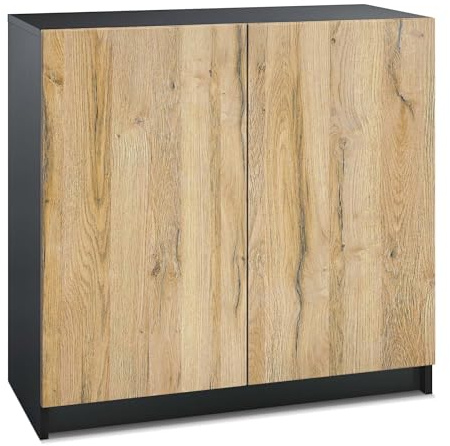 InnoFurn Kommode Elona, Büroschrank mit Soft-Close & Push-to-Open, Aktenschrank, Bürokommode, Home Office & Büro, Schwarz/Eiche Evoke (82 x 78 x 37 cm)