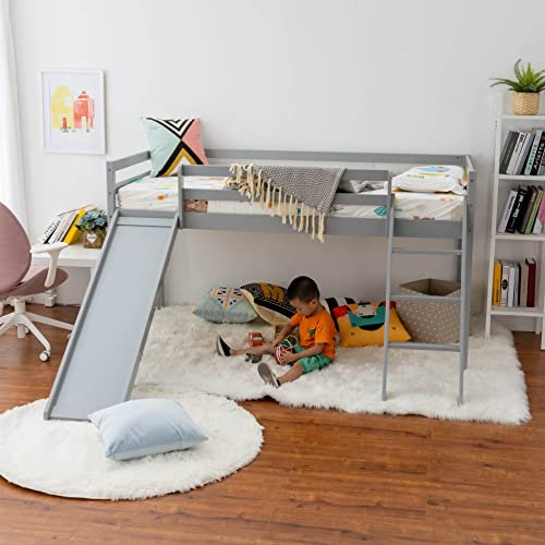 Panana Bunk Bed with Slide, Mide Sleeper Wooden Cabin Bed 3FT Single Bed with Ladder for Kids, Children, Grey, for Kids