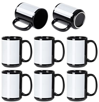 PYD Life 8 Pack Sublimation Coffee Mugs Blank Black with White Patch 15 OZ