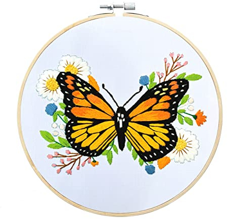 Yutaohui Butterfly Embroidery Kit with Flowers, Beginner Flower Embroidery Kit with Pattern and Instructions, Hoop (8*8), Needle, Enough Embroidery Cloth and Thread