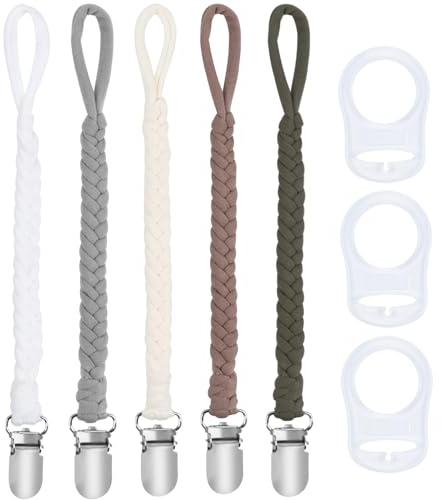 ABirdon Cadena Chupete Bebe,Paquete de 5 pinzas para Chupón con lazos de algodón y 3 adaptadores para Chupón,Para niños y niñas