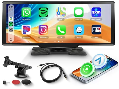 Rimoody 10.26 Inches Wireless CarPlay Android Auto Screen Portable Car Stereo, Touchscreen Portable CarPlay Screen with Siri, Bluetooth, FM Transmitter, Voice Control, OTA Updates, 7V-32V