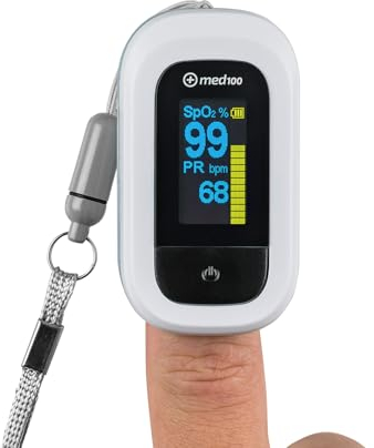 med100 Premium Pulsoximeter – Präzise Messung von Sauerstoffsättigung (SpO₂) & Herzfrequenz, Finger-Oximeter mit OLED-Farbdisplay, schmerzfreie Anwendung, ideal für Zuhause, Sport & Reisen