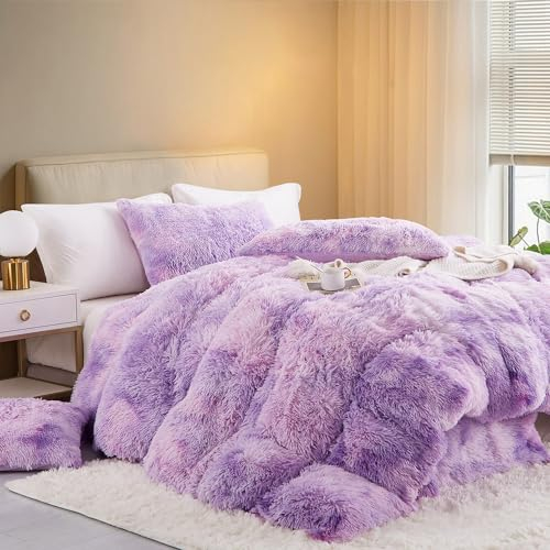 Nyescasa Plüsch Bettwäsche 135x200 Winter Flauschig Warme Flanell Biber Wendebettwäsche Langhaar Flausch Fleece Deckenbezug Tie Dye Violett 2 Bettbezug mit Reißverschluss und 2 Kissenbezug 80x80cm