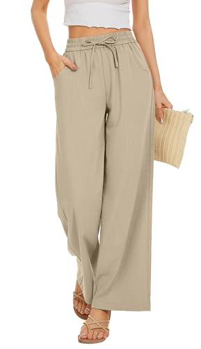 KICZOY Women Summer Pants Flowy Pants Drawstring Waist Wide Leg Palazzo Beach Pants Loose Fit with Pockets Beige
