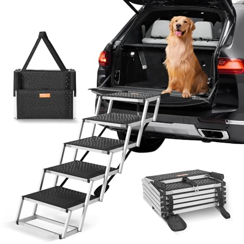 VEVOR Scala Gradini Larghi per Auto per Cani 5 Gradini, Rampa Pieghevole con Superficie Antiscivolo, Animali Domestici Gradini Portatili in Alluminio Leggero per SUV e Camion, Supporta Fino a 68 KG